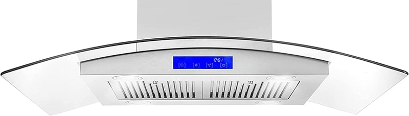 A front view of the COSMO-668ICS900 island range hood for our Top 3 Best Island Range Hoods of 2023 listicle