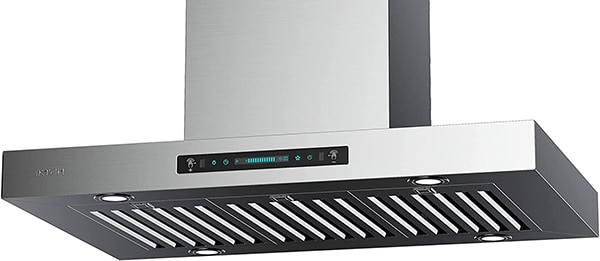 A front view of the IKTCH IKIS02-36 (30/36/42") island range hood for our Top 3 Best Island Range Hoods of 2023 listicle.