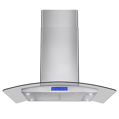 An island range hood model viewed from the front