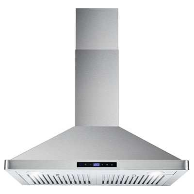 A wall mounted canopy range hood model viewed from the front