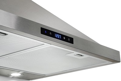 A left bottom side view of the AKDY AZ-63175S (30") wall mount range hood for our Top 5 Wall Mount Chimney Range Hoods of 2021 listicle.