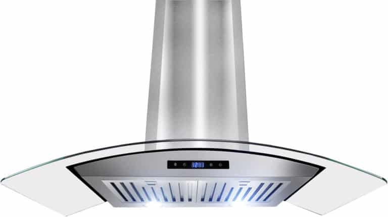 AKDY canopy range hood. It has a glass canopy. The rest is made out of brushed stainless steel.