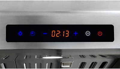A zoomed-in front view of the touch screen control panel of the AKDY AZ1802 (30") wall mount range hood for our Top 5 Best Under Cabinet Range Hoods of 2021 listicle.
