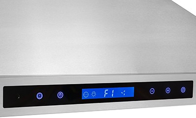A zoomed-in front view of the control panel of the AKDY AK-RH0217 (36") wall mount range hood for our Top 5 Best Island Range Hoods of 2021 listicle.