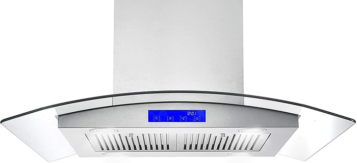 A front view of the Cosmo 668ICS750 (30") Chimney Range Hood for our The Top 3 Best Island Range Hoods of 2022 listicle.