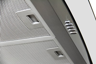 A bottom view of the KOBE RAX2130SQB-1 Brillia (30") wall mount range hood for our Top 5 Wall Mount Chimney Range Hoods of 2021 listicle.