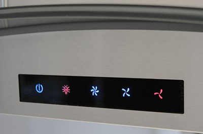 A zoomed-in front view of the touch control panel of the Kitchen Bath Collection ISL90A-LED (36") wall mount range hood for our Top 5 Best Island Range Hoods of 2021 listicle.