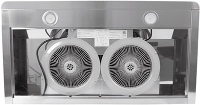 A bottom view of the Proline PLJW 185.30 (30") wall mount range hood with the dual centrifugal fans exposed for our Top 5 Best Under Cabinet Range Hoods of 2021 listicle.