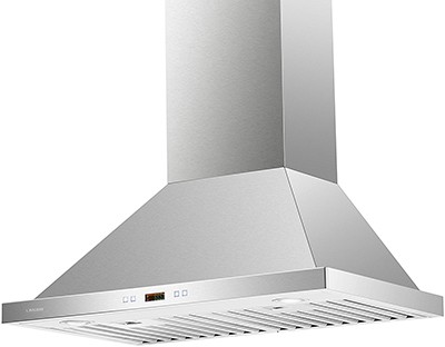 Side view from a wall mounted ducted range hood,