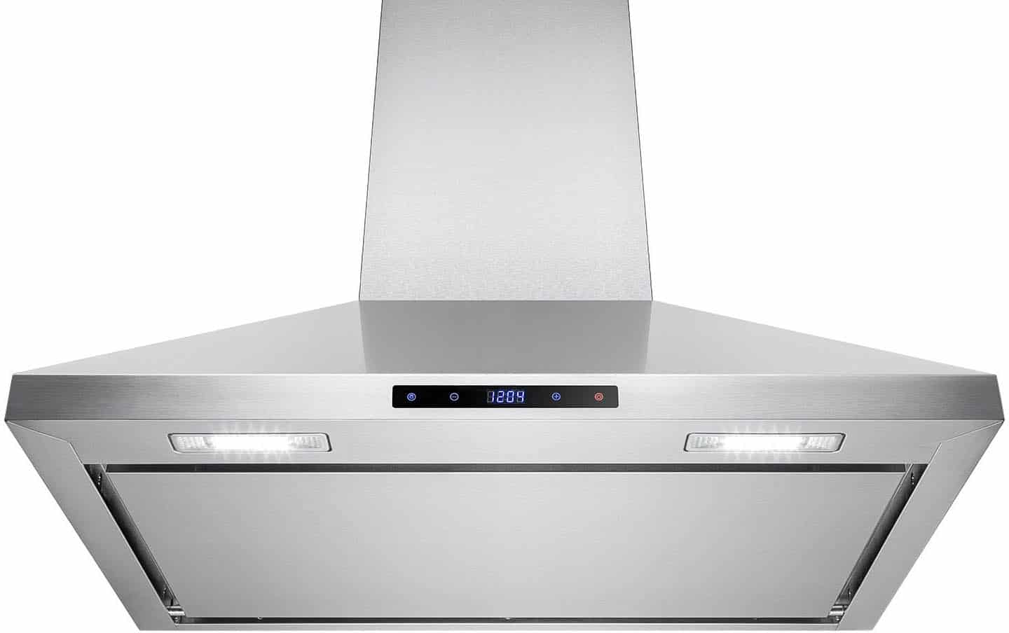 Chimney range hood without visible filters seen from an angle (below). It's an AKDY range hood in the size 30 inch.