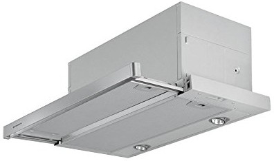 Picture of a retractable range hood. It's a stainless steel insert range hood which slides out to save space.