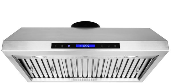 Picture of an under cabinet range hood with three baffle filters.