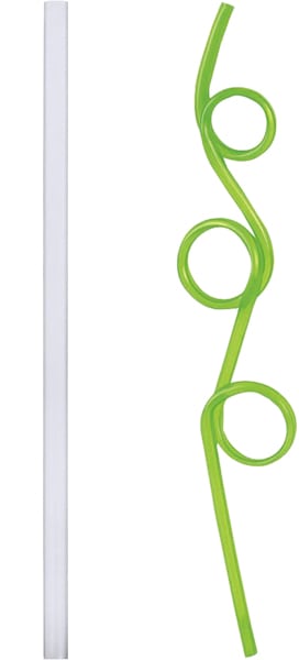 Two straws side by side. The first one is a relatively thicker straw, transparent and colorless. The second one is a silly straw and is colored neon green.
