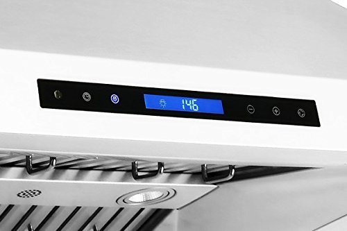 A zoomed-in front view of the touch screen control panel of the XtremeAIR PX07-I42 (42") wall mount range hood for our Top 5 Best Island Range Hoods of 2021 listicle.