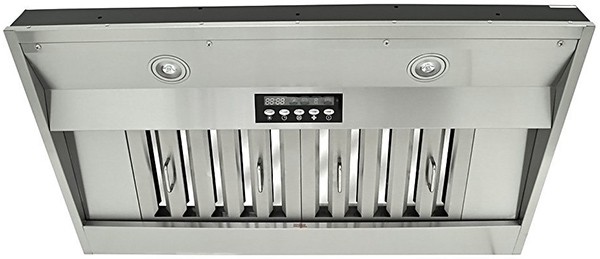 Shot of a KOBE under cabinet range hood with two baffle filters and two LED lights. You're looking at the underside of the range hood