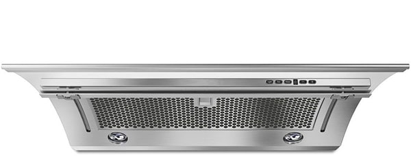 A picture of a modern slick range hood. It's thinner than regular.