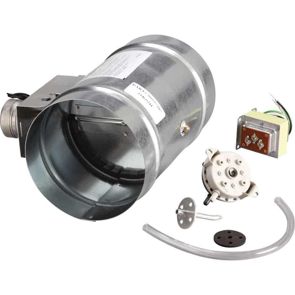 Image of a range hood damper and all necessary components next to it to install it.