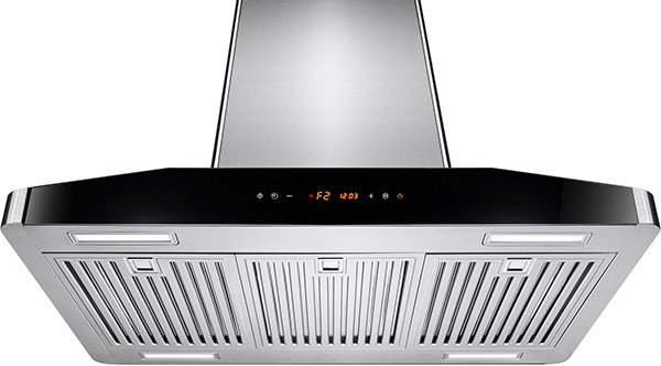 Shot of a chimney rangehood, modern and slick. It's stainless steel in color with a black colored front. It has three baffle filters.