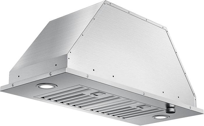 A frontal side shot of the JOCO MYB01-30 range hood insert. It's stainless steel in color and has two baffle filters.