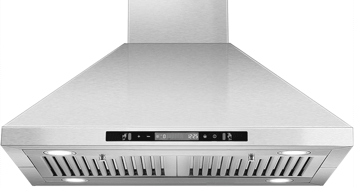 A frontal zoomed in shot of the Tieasy USGI1775B island range hood. It is brushed stainless steel in color and looks like the stereotypical chimney range hood.