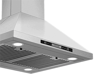 A frontal side shot of the Tieasy USGI1775B island range hood. It is brushed stainless steel in color and looks like the stereotypical chimney range hood. It has a black touch screen and four LED lights and two baffle filters.