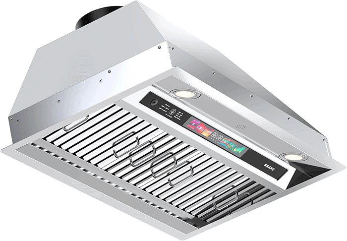 A frontal bottom shot of the BRANO BU09B-V30 (30) range hood insert. It has two baffle filters and a touch screen. It looks futuristic.