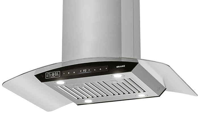 Frontal bottom shot of the BRANO SL22SV36 island range hood. The range hood is brushed stainless steel with a black touch screen and a tempered glass canopy.