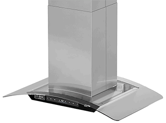 Frontal top shot of the BRANO SL22SV36 island range hood. The range hood is brushed stainless steel with a black touch screen and a tempered glass canopy.