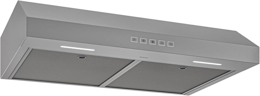 A shot fron the front/side of the Broan-NuTone GLA2303SS under cabinet range hood. It has two mesh flters and two LED lights and is stainless steel in color.