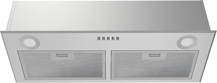 A zoomed in frontal shot of the FIREGAS FGS-USB22Y72AC (28) - header range hood insert. The range hood has two mesh filters and two LED lights