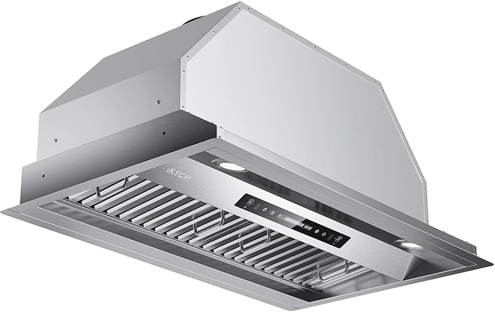 A frontal-bottom shot of the IKTCH IKB02-30 (30) insert range hood. Its brushed stainless steel in color.