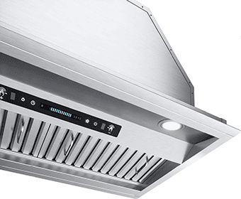 A zoomed in frontal-bottom shot of the IKTCH IKB02-30 (30) insert range hood. Its brushed stainless steel in color and has a baffle filters and a touch screen.