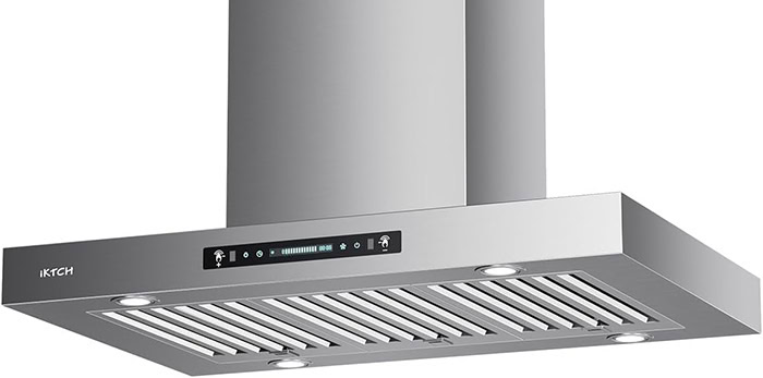 A front shot of the IKTCH IKIS02-36-M island range hood. It's brushed stainless steel in color and has a touch screen and baffle filters.