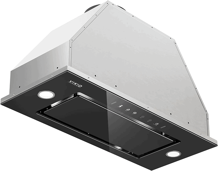 A frontal shot of the VIKIO HOME VK-RB11-30GB range hood insert. It has a pane of tempered black glass where the filters usually are.